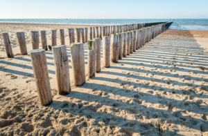 Traditional wooden breakwater on an empty Dutch beach Van Saaze Coaching